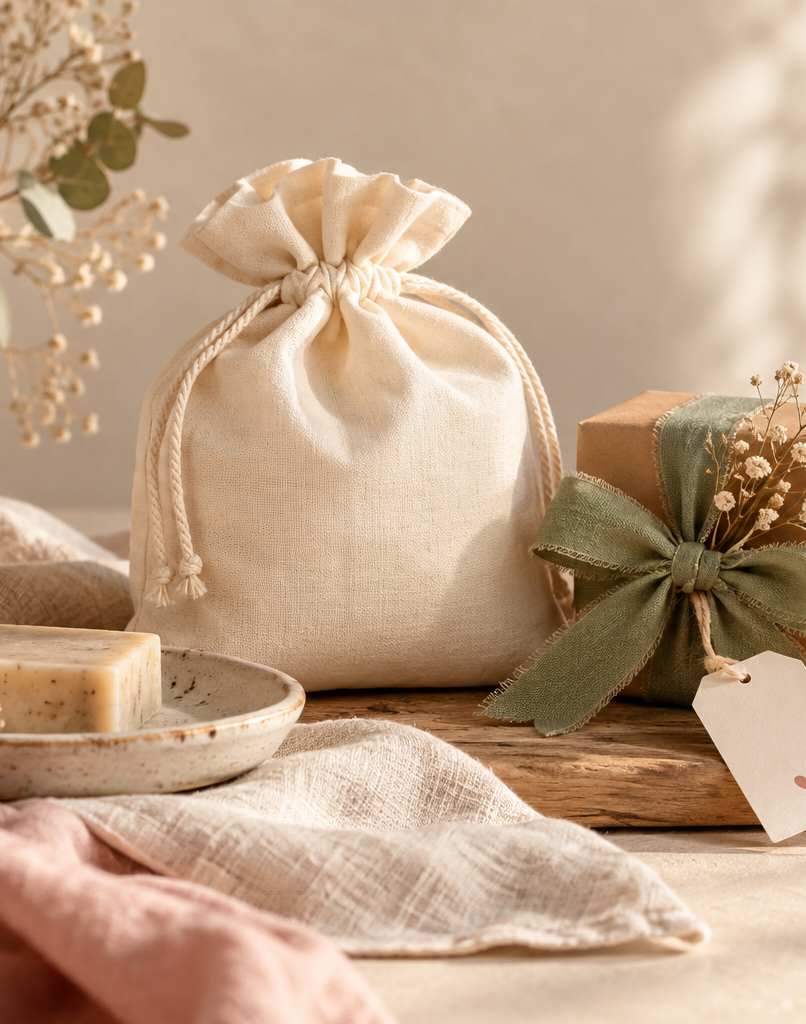 KI-generiertes Symbolbild: liebevoll arrangierte Geschenke mit Baumwollbeutel, Naturseife und Geschenkbox in Creme- und Salbeitönen.